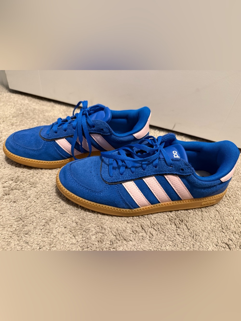 Adidas Blue Suede Sneakers with Pink Stripes Sz 7